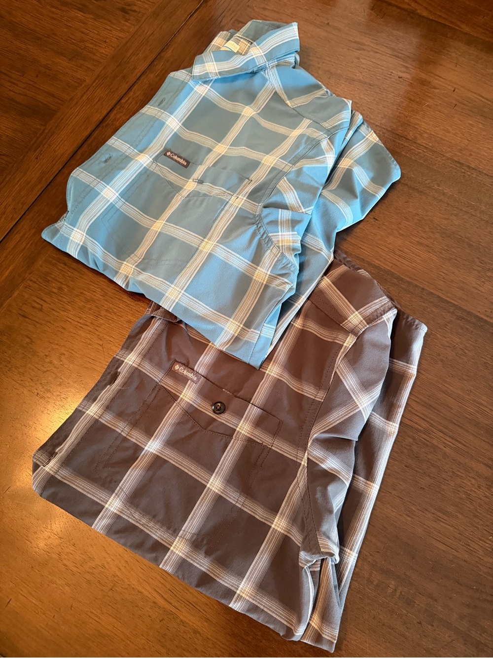 2 (two) Columbia Short-Sleeve Plaid Button-Down Shirts (Set) - Light Blue & Gray